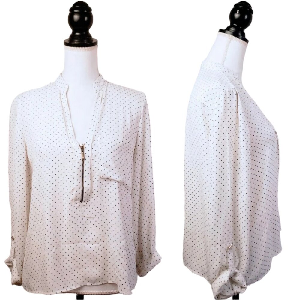 ZARA BASIC Top, Black White Polka Dot Zip Front V-Neck Long Sleeve Career, M